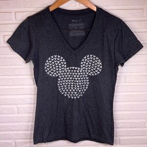 Disney Gray Sparkly Mickey Mouse V- Neck T shirt, Women's Size Medium